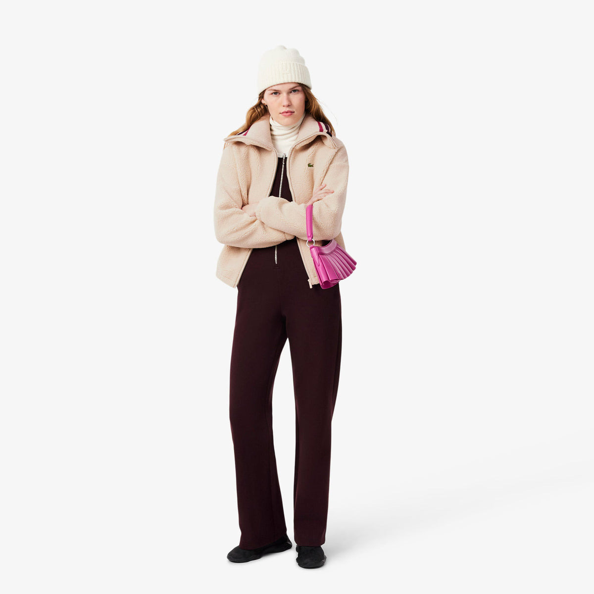 Blusão Mulher Lacoste Oversize de Sherpa com Gola Canelada e Listrada Bege Lacoste