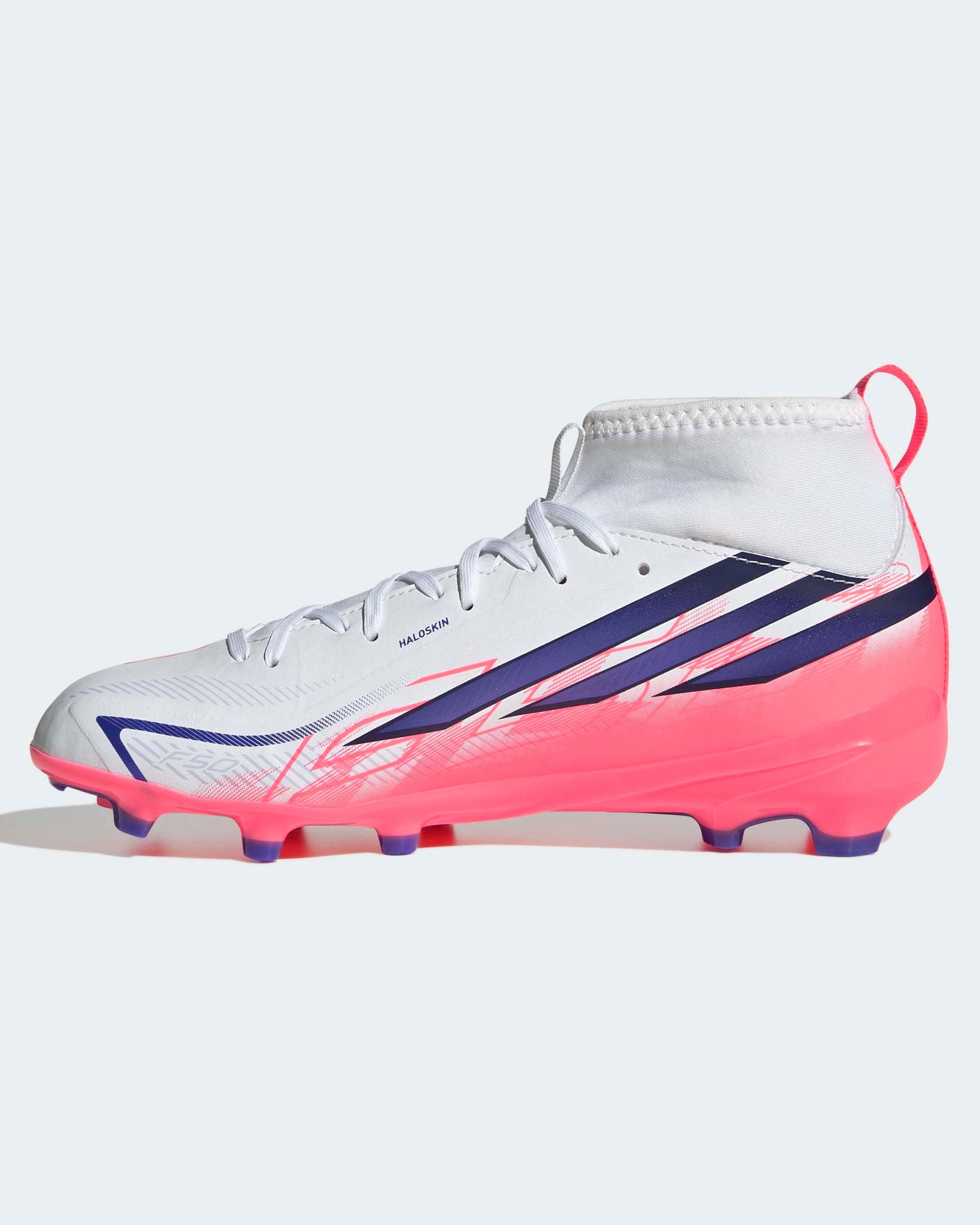 Chuteiras Adidas F50 Hyperfast League Mid FG Júnior Branco/Rosa Adidas
