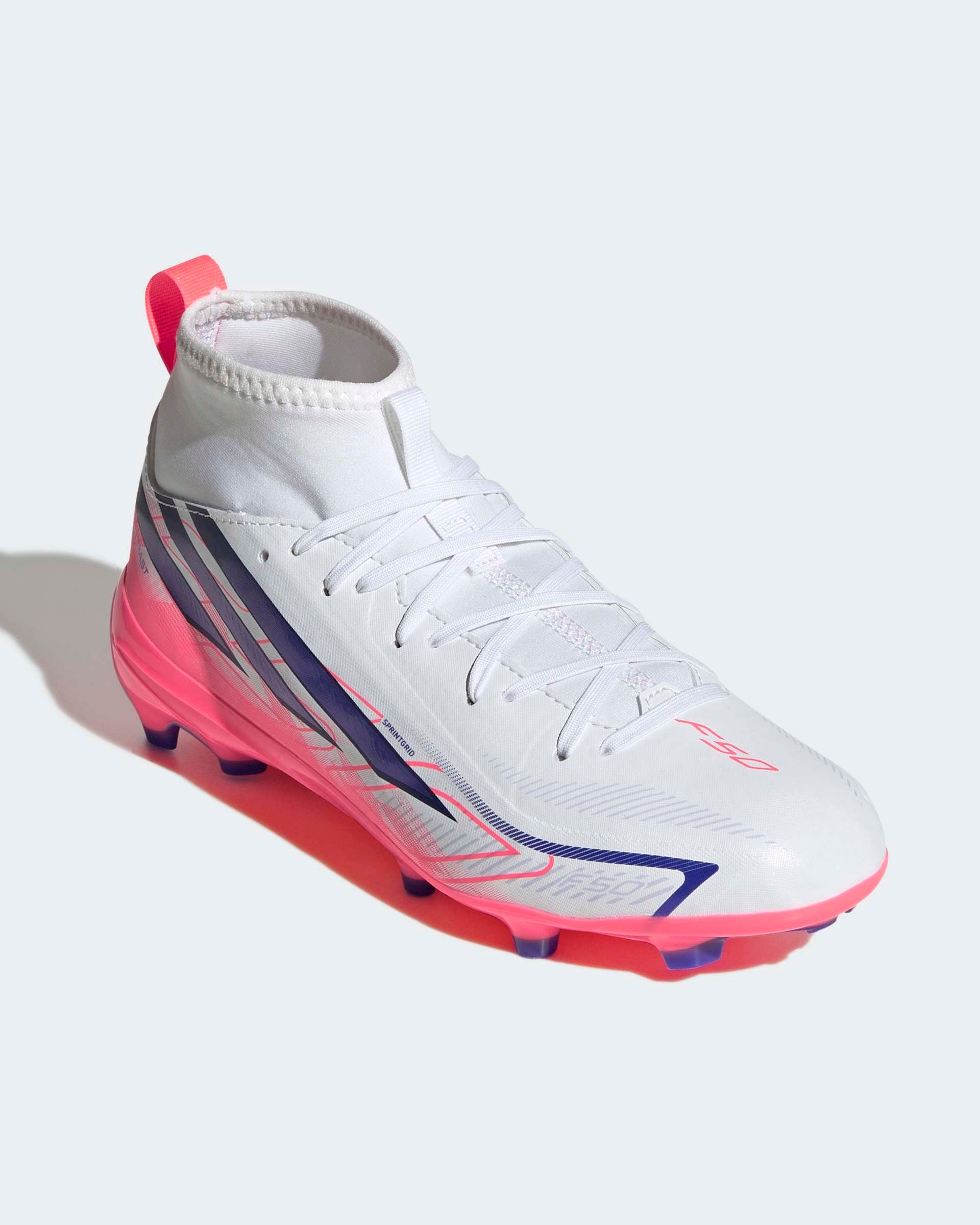 Chuteiras Adidas F50 Hyperfast League Mid FG Júnior Branco/Rosa Adidas