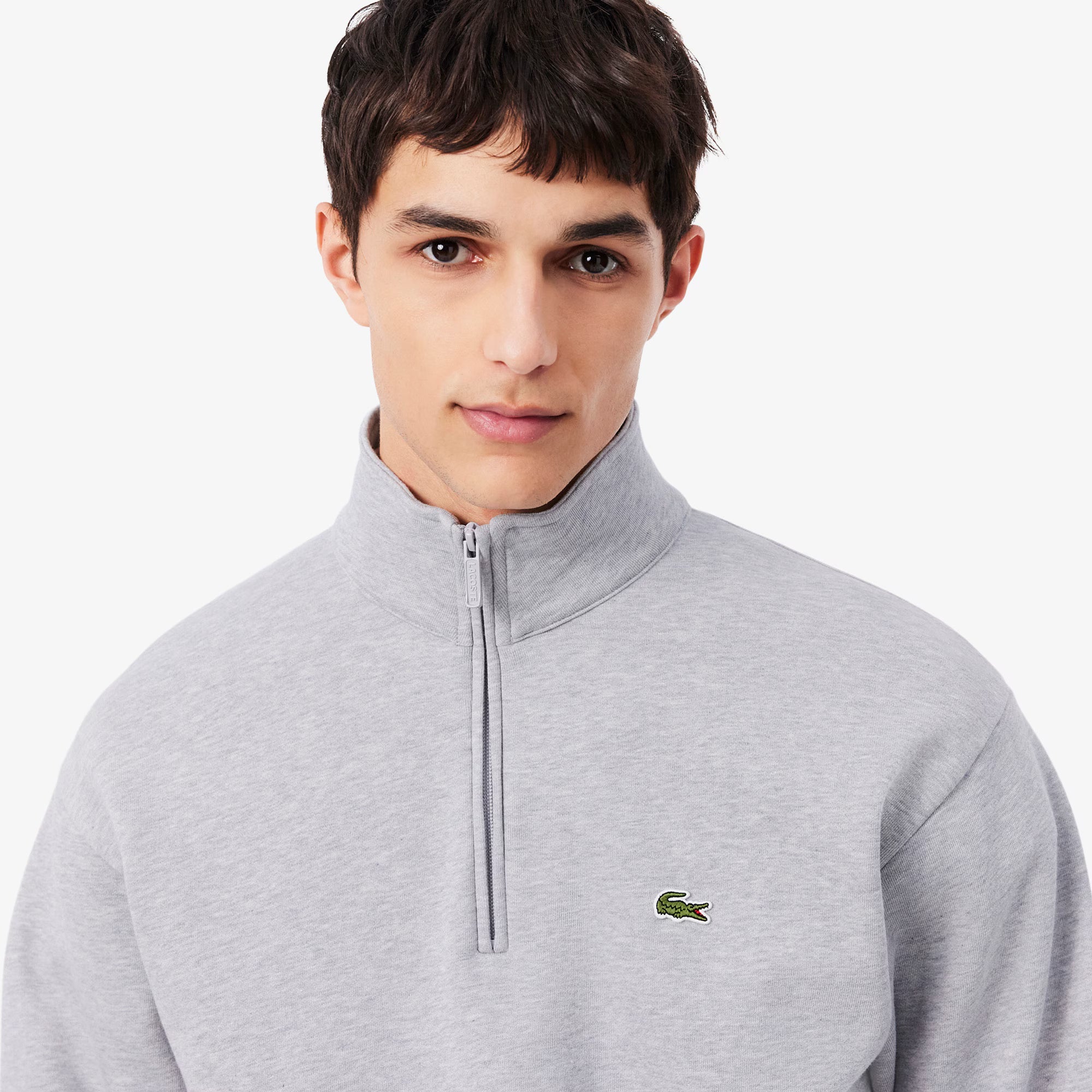Camisola Cardada Homem Lacoste com Fecho e Gola Cinza Lacoste 