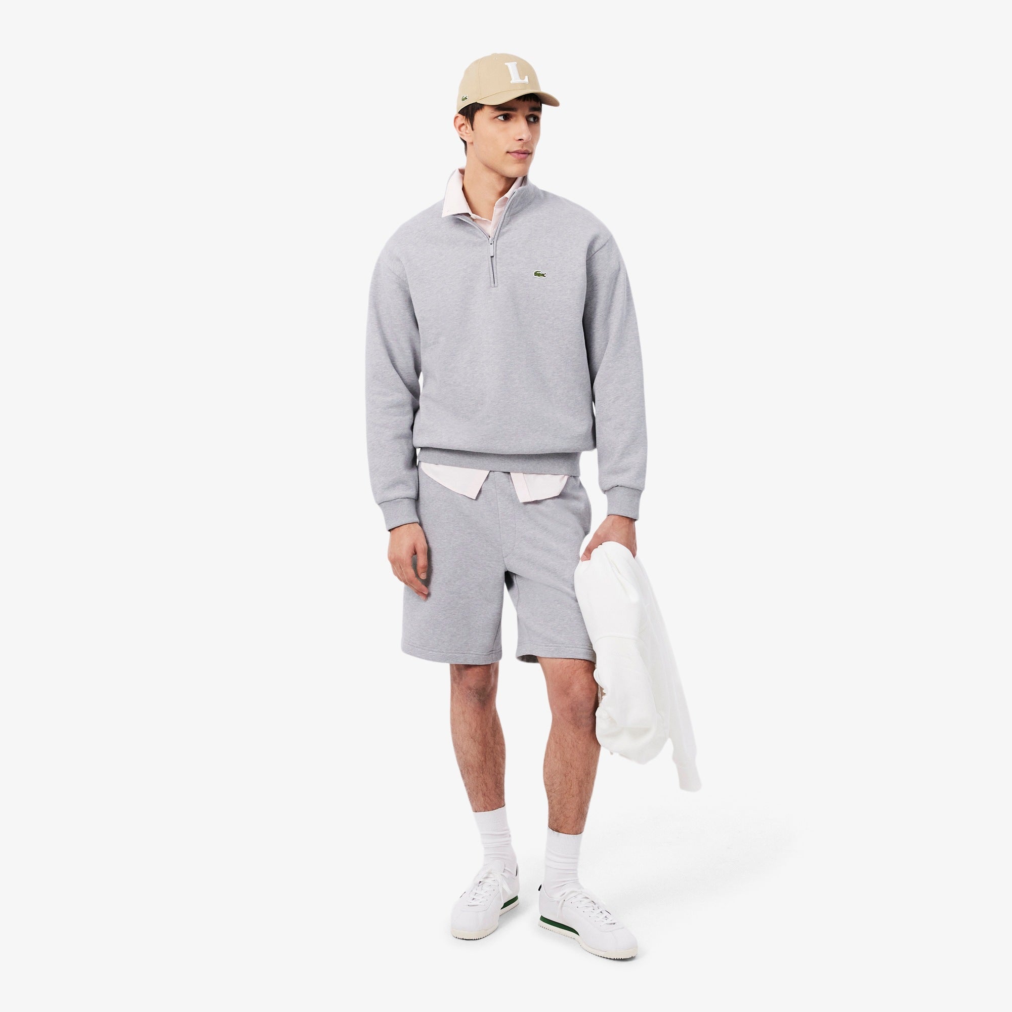 Camisola Cardada Homem Lacoste com Fecho e Gola Cinza Lacoste 