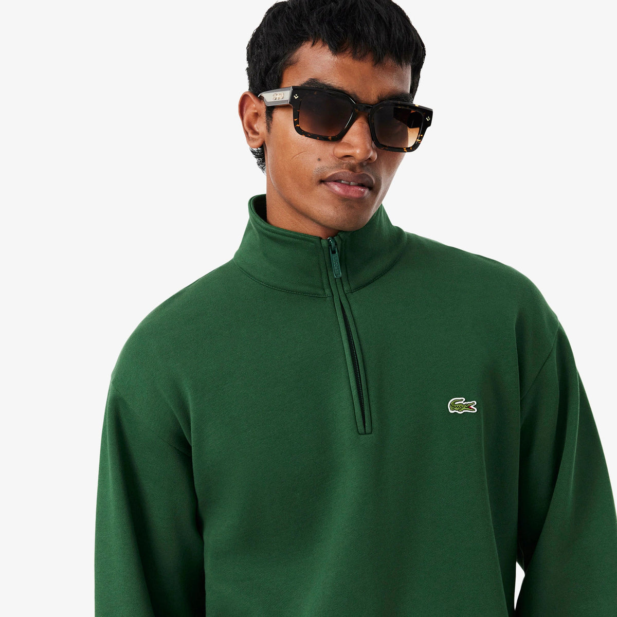Camisola Cardada Homem Lacoste com Fecho e Gola Verde Lacoste 