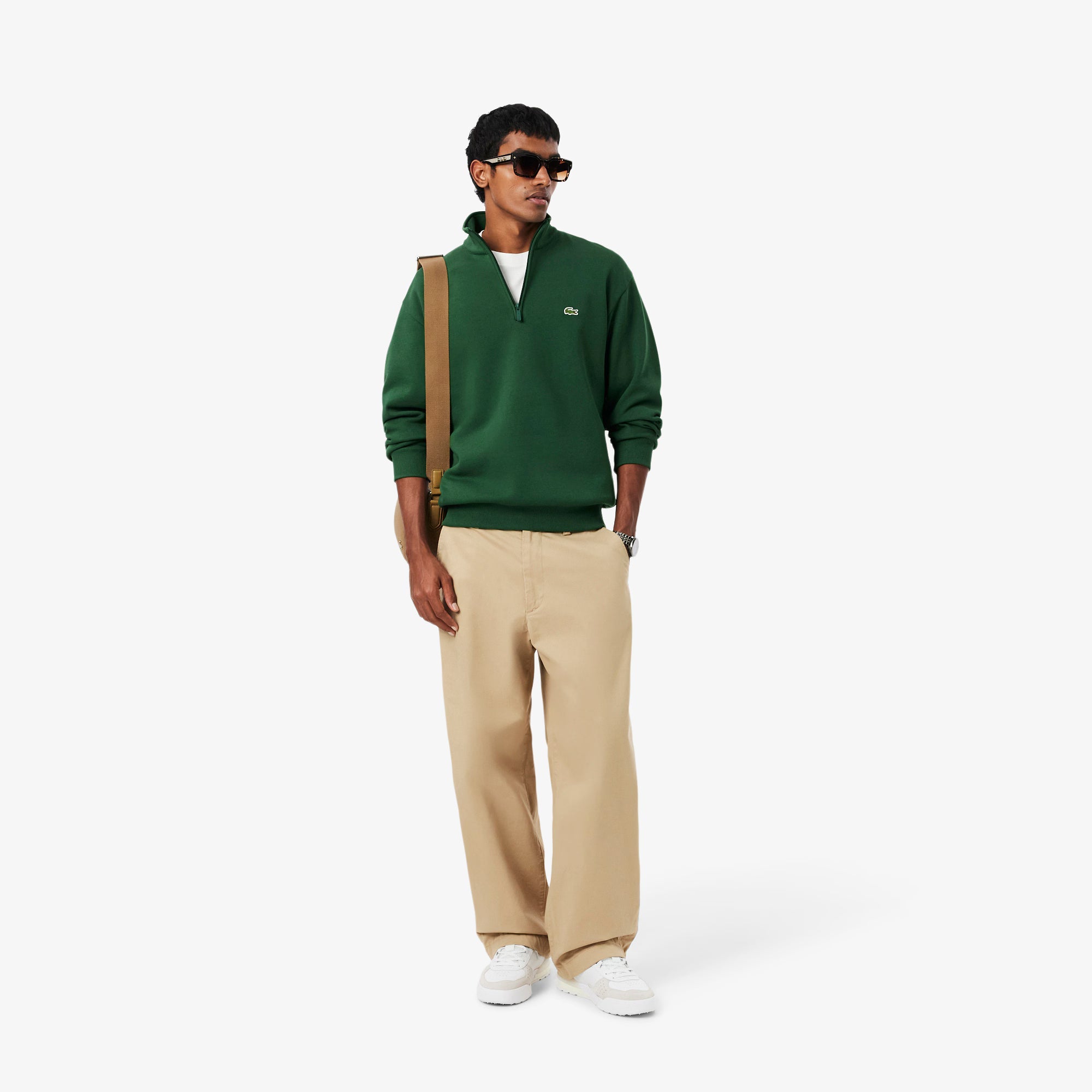 Camisola Cardada Homem Lacoste com Fecho e Gola Verde Lacoste 